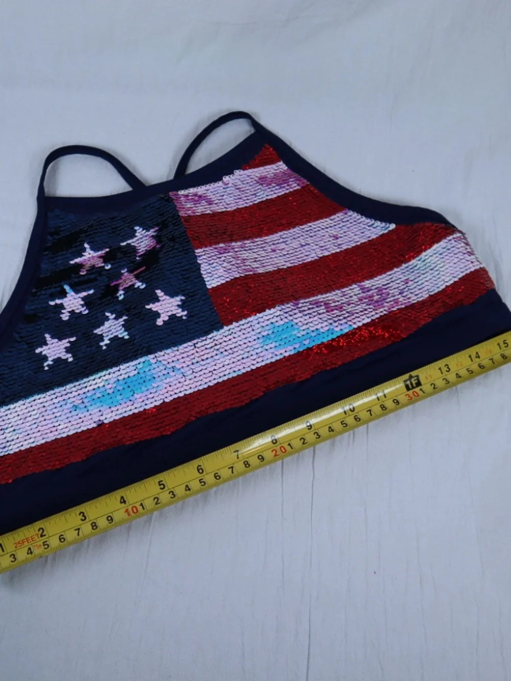 Justice Kid's Size 20 plus American Flag Flip Sequins Swim Top Red/White/Blue